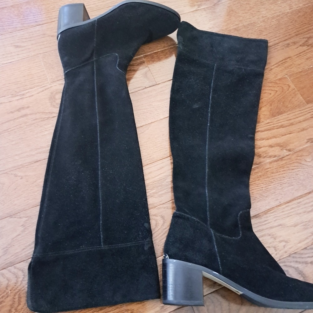 Michael Kors‎ Black Suede Knee High Boots Block Heel Almond Toe Side Zip Womens